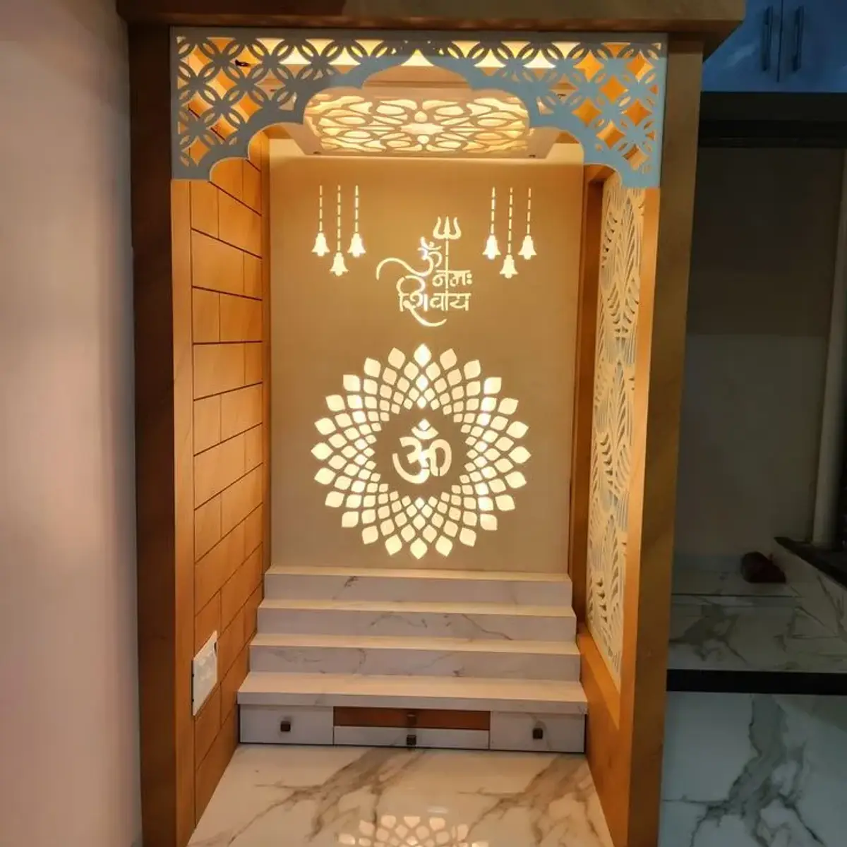 beige modern indian pooja room with pooja — real Indian home