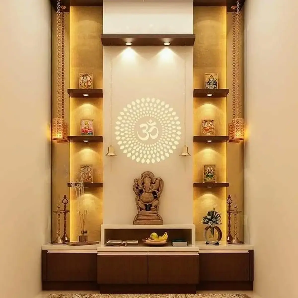 beige traditional pooja room with pooja — real Indian home