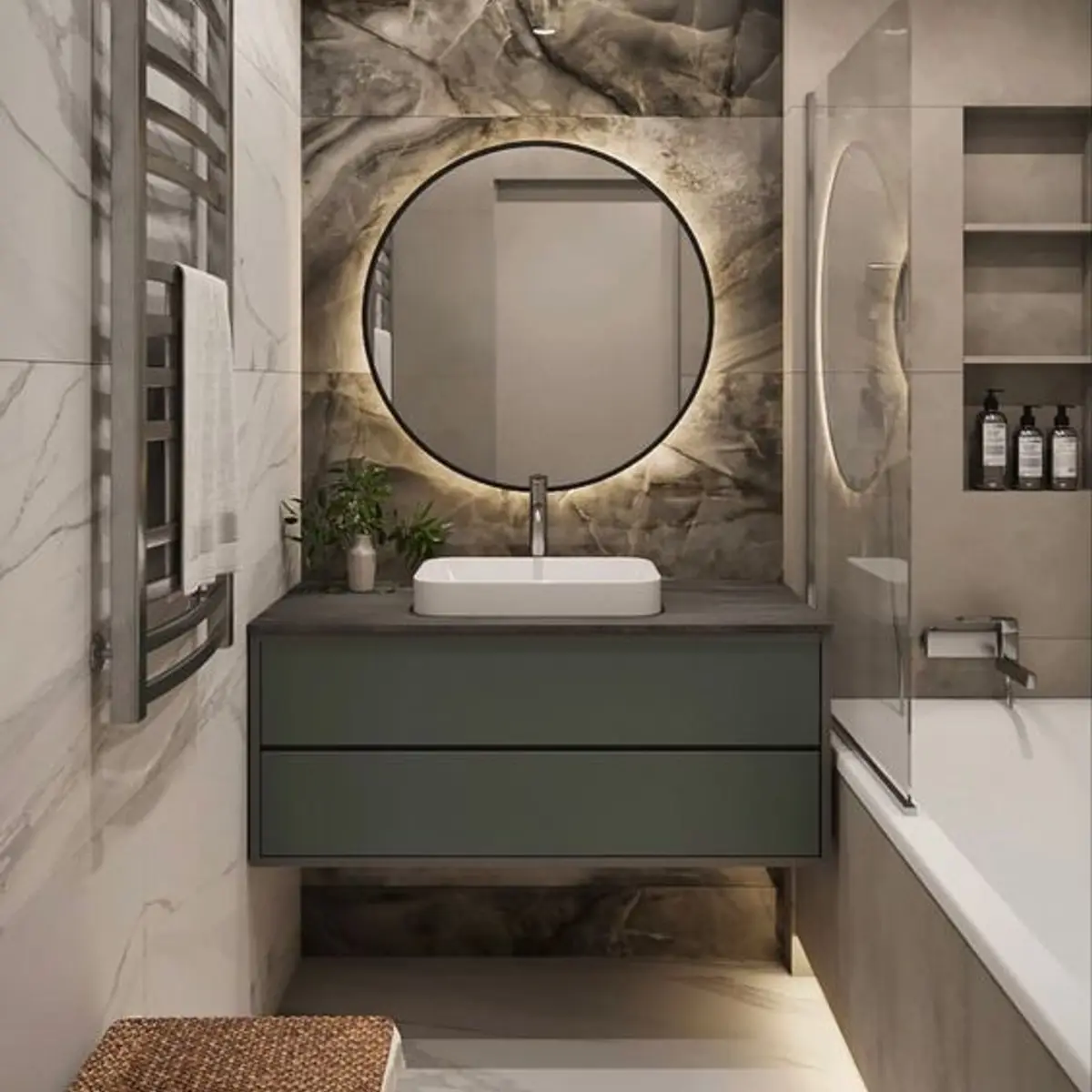 earthy modern minimalist bathroom with vanity — real Indian home