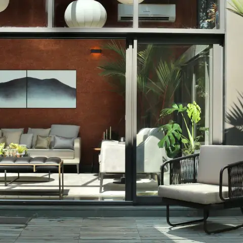 earthy modern minimalist balcony with outdoor — real Indian home