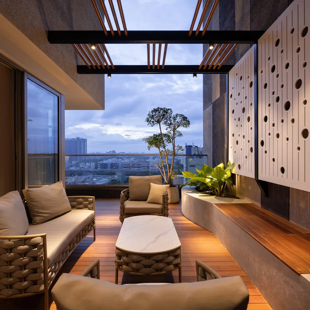 beige modern minimalist balcony with outdoor — real Indian home