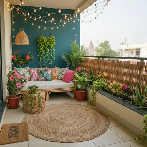 jewel tone boho balcony with wallpaper — real Indian home