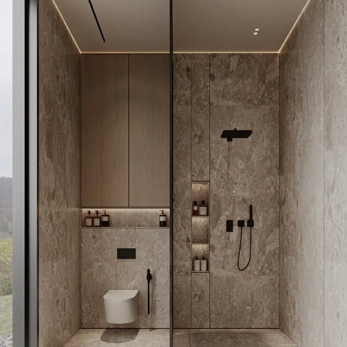 earthy modern minimalist bathroom with tiles — real Indian home