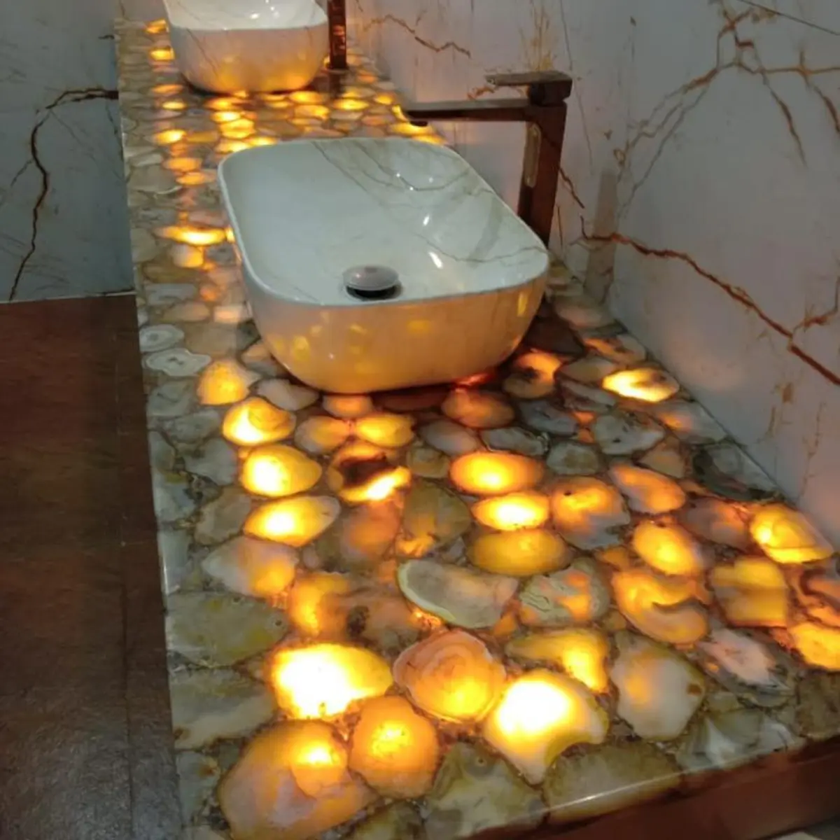 jewel tone luxury bathroom with vanity — real Indian home