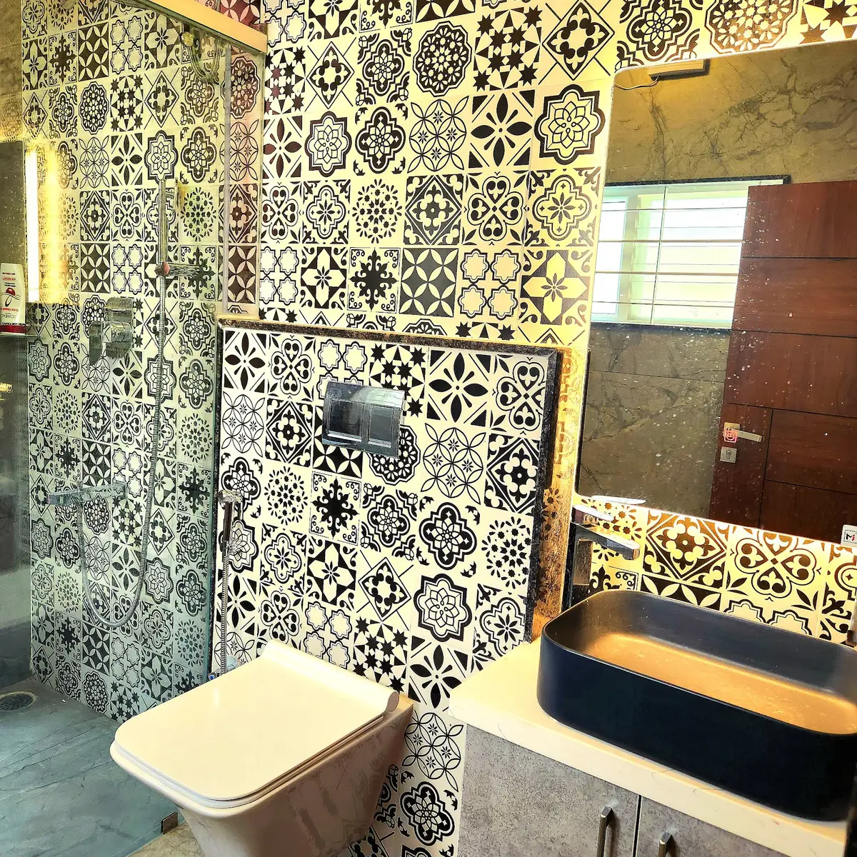 black and white boho bathroom with tiles — real Indian home