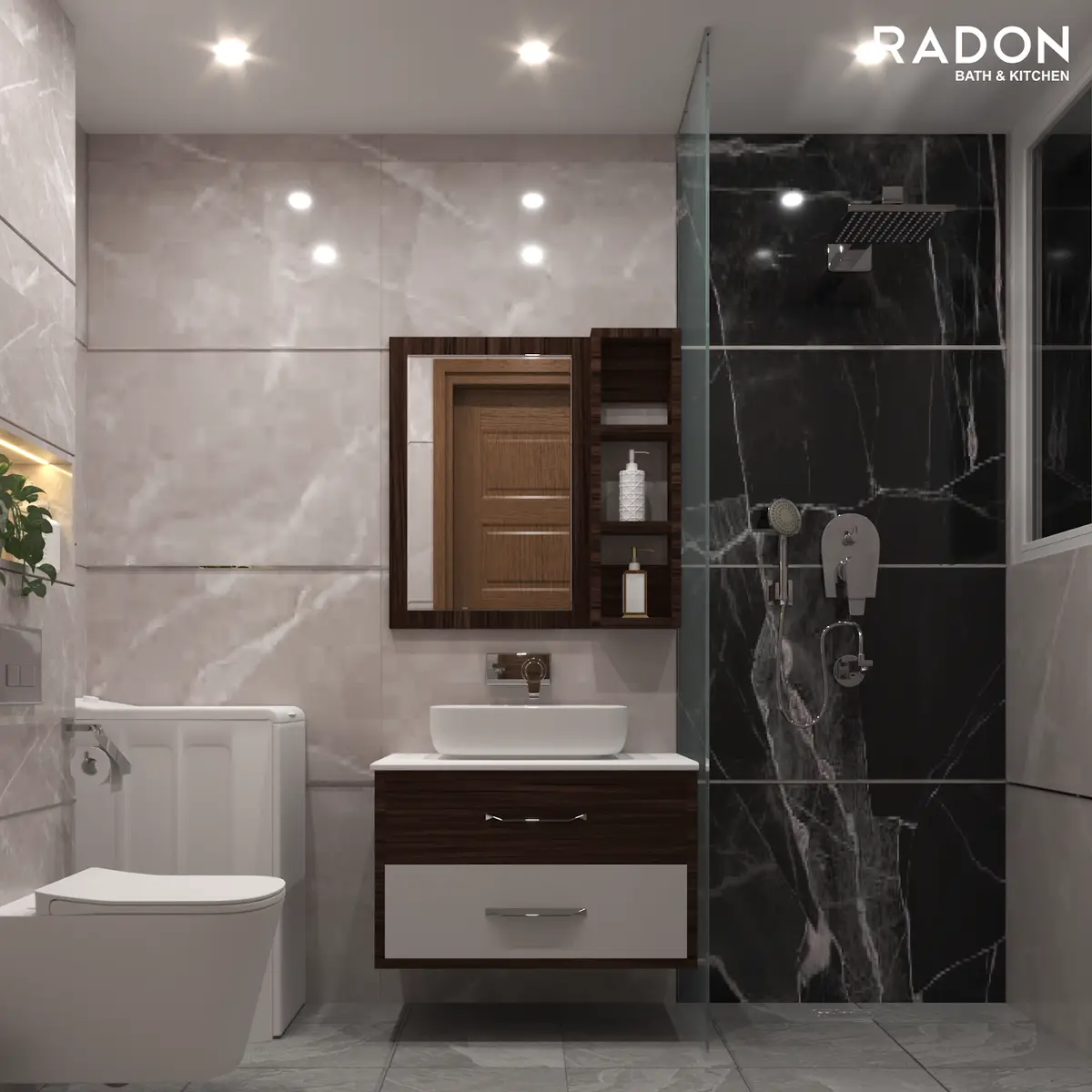 black and white modern minimalist bathroom with vanity — real Indian home