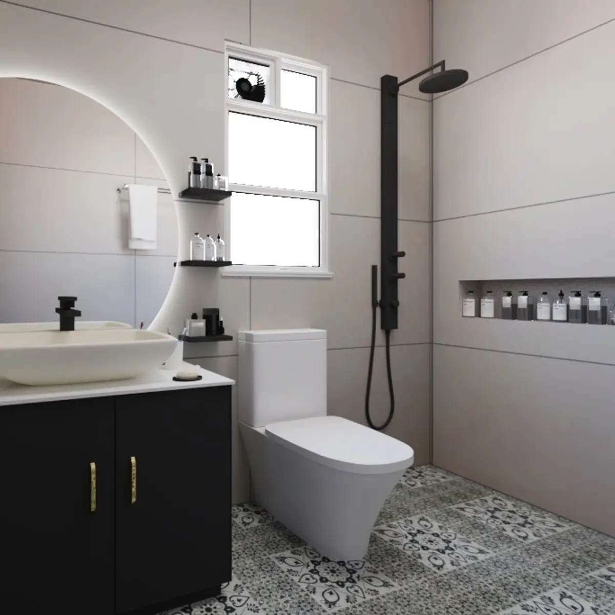 black and white modern minimalist bathroom with vanity — real Indian home