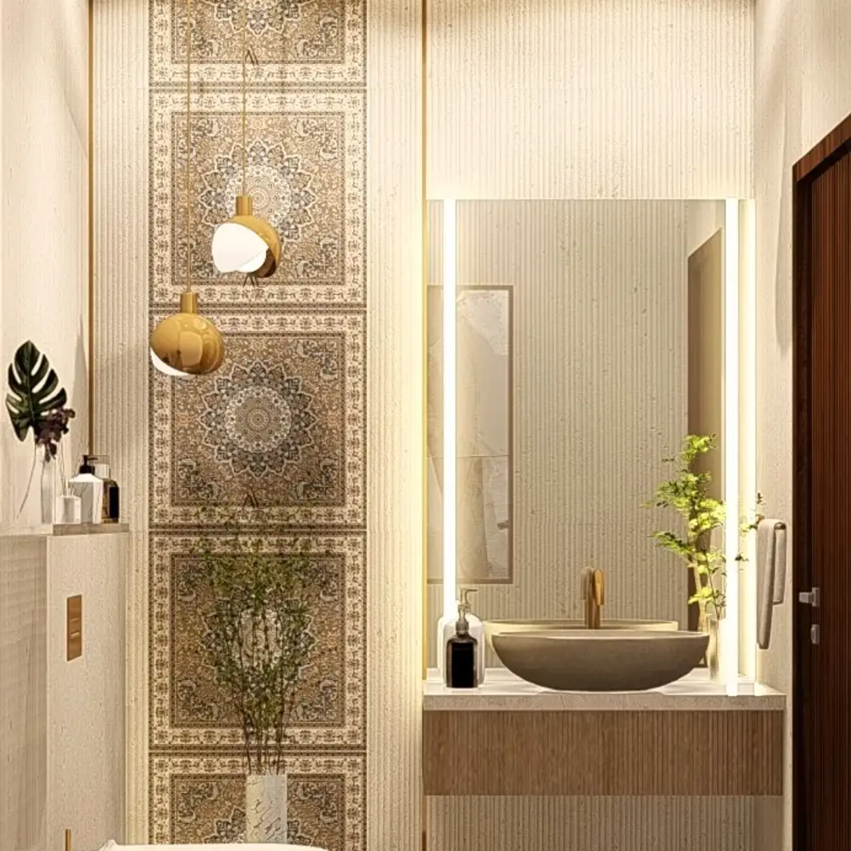 beige modern indian bathroom with vanity — real Indian home