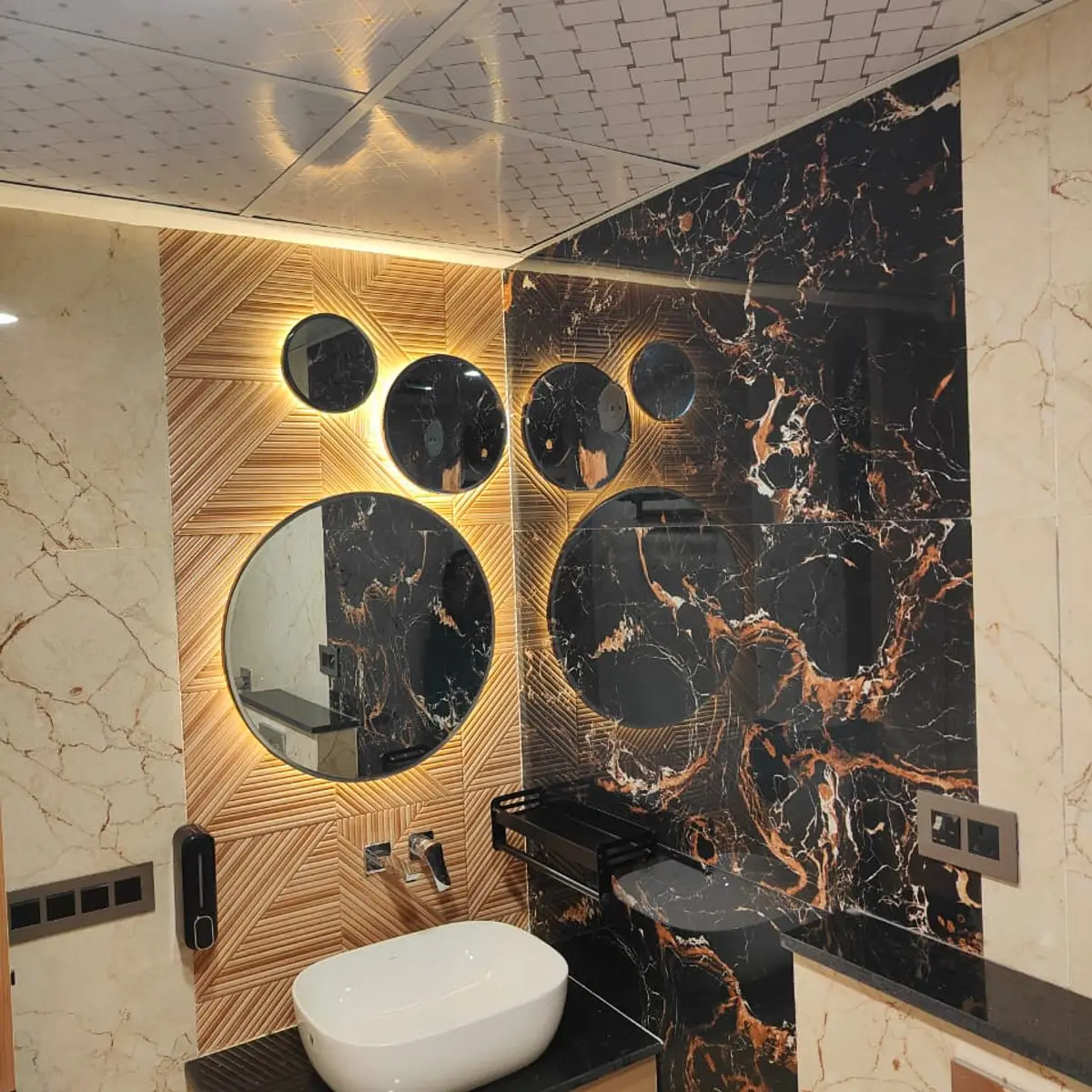 jewel tone luxury bathroom with vanity — real Indian home