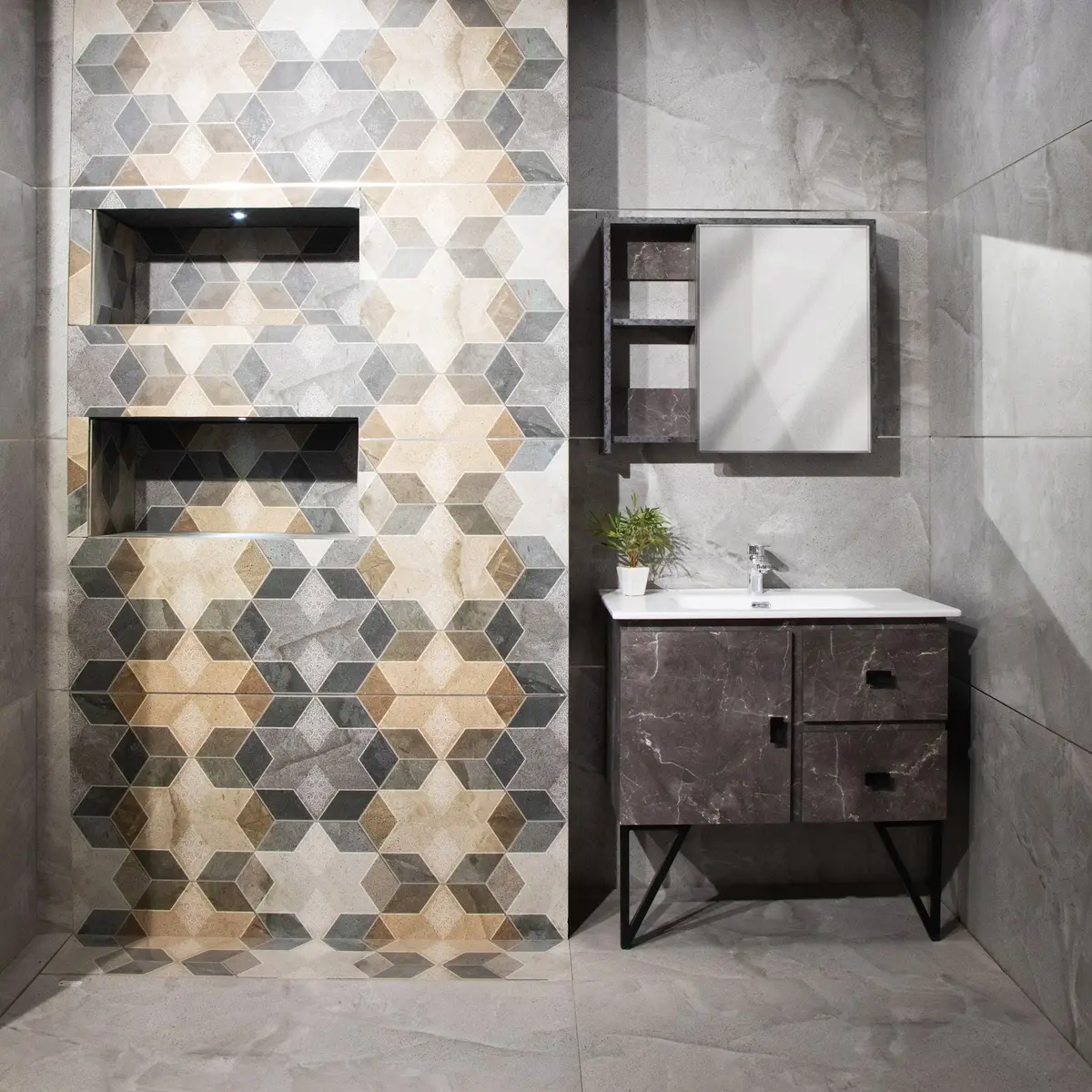 grey modern minimalist bathroom with tiles — real Indian home