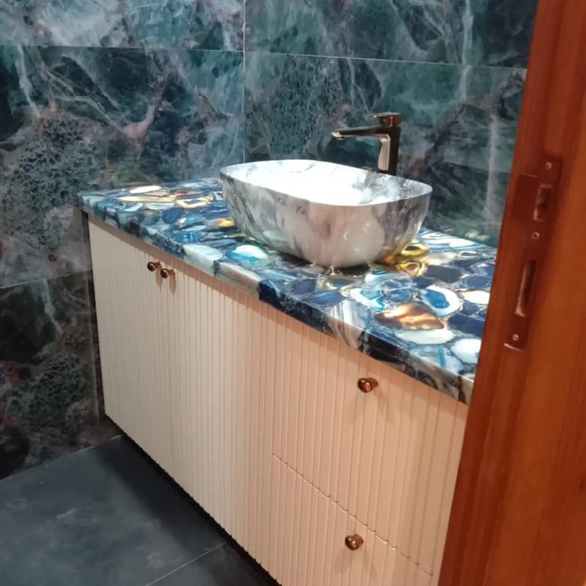 jewel tone luxury bathroom with vanity — real Indian home