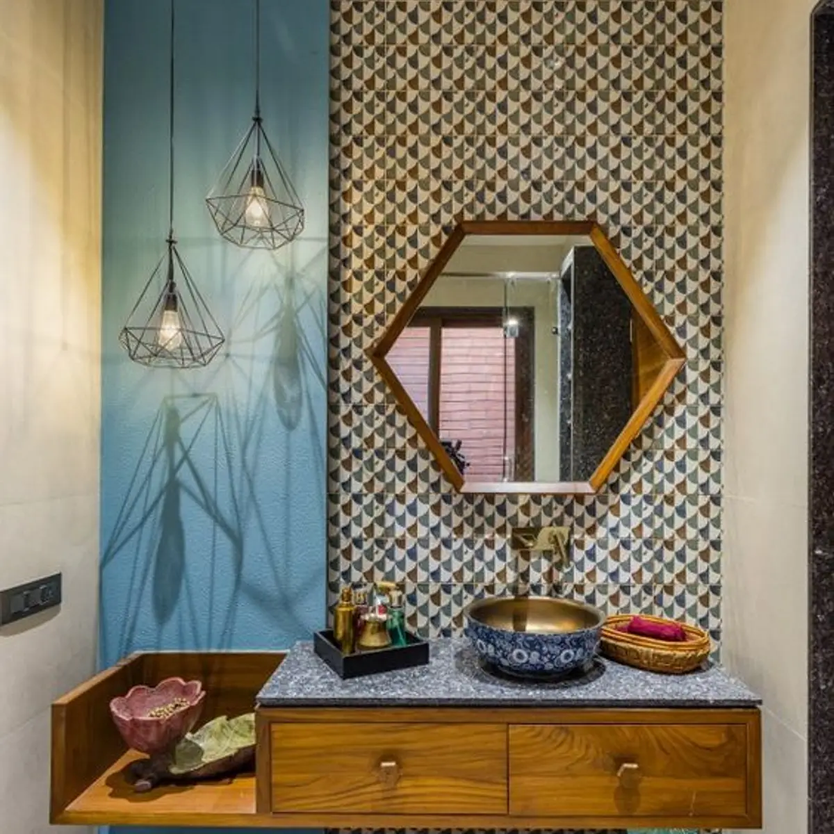 jewel tone boho bathroom with vanity — real Indian home