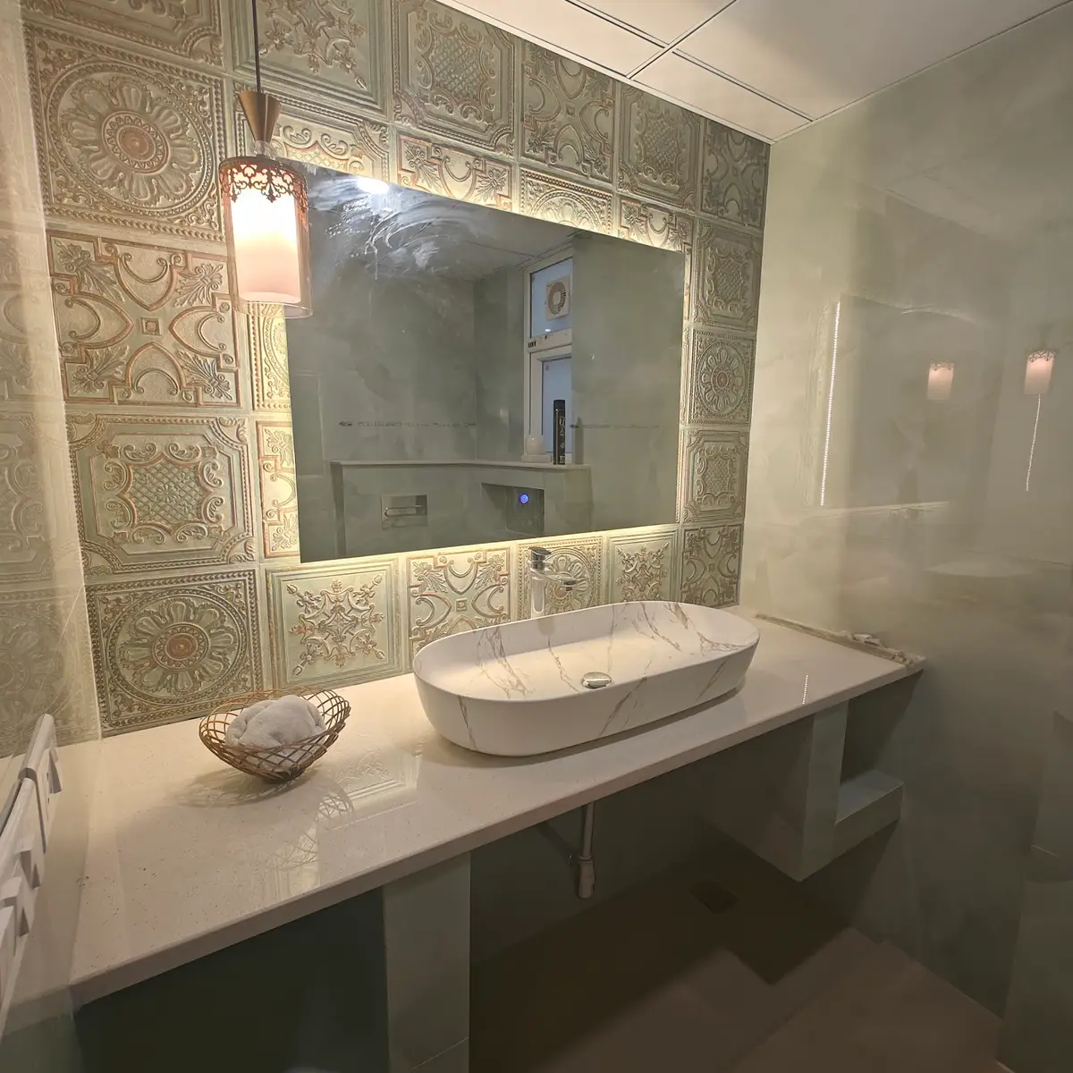 earthy traditional bathroom with vanity — real Indian home