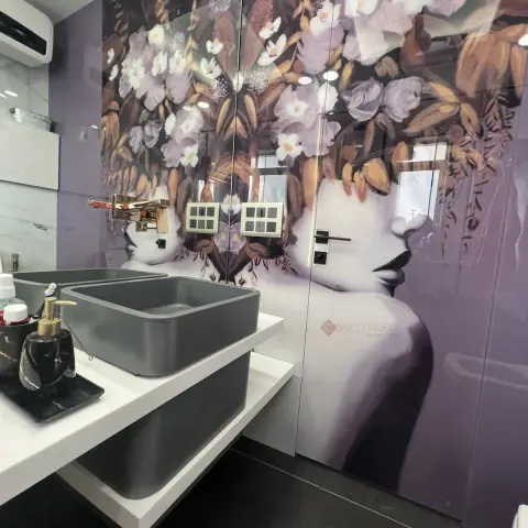 jewel tone luxury bathroom with vanity — real Indian home