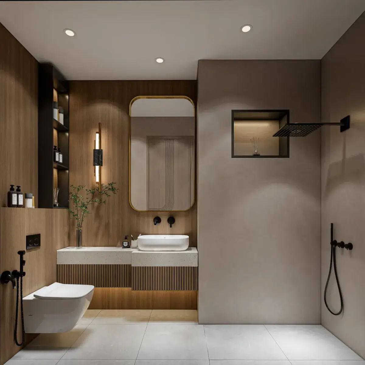 earthy japandi bathroom with vanity — real Indian home