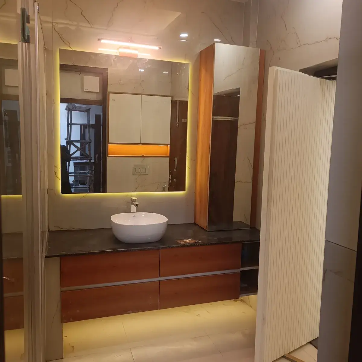 beige modern indian bathroom with vanity — real Indian home