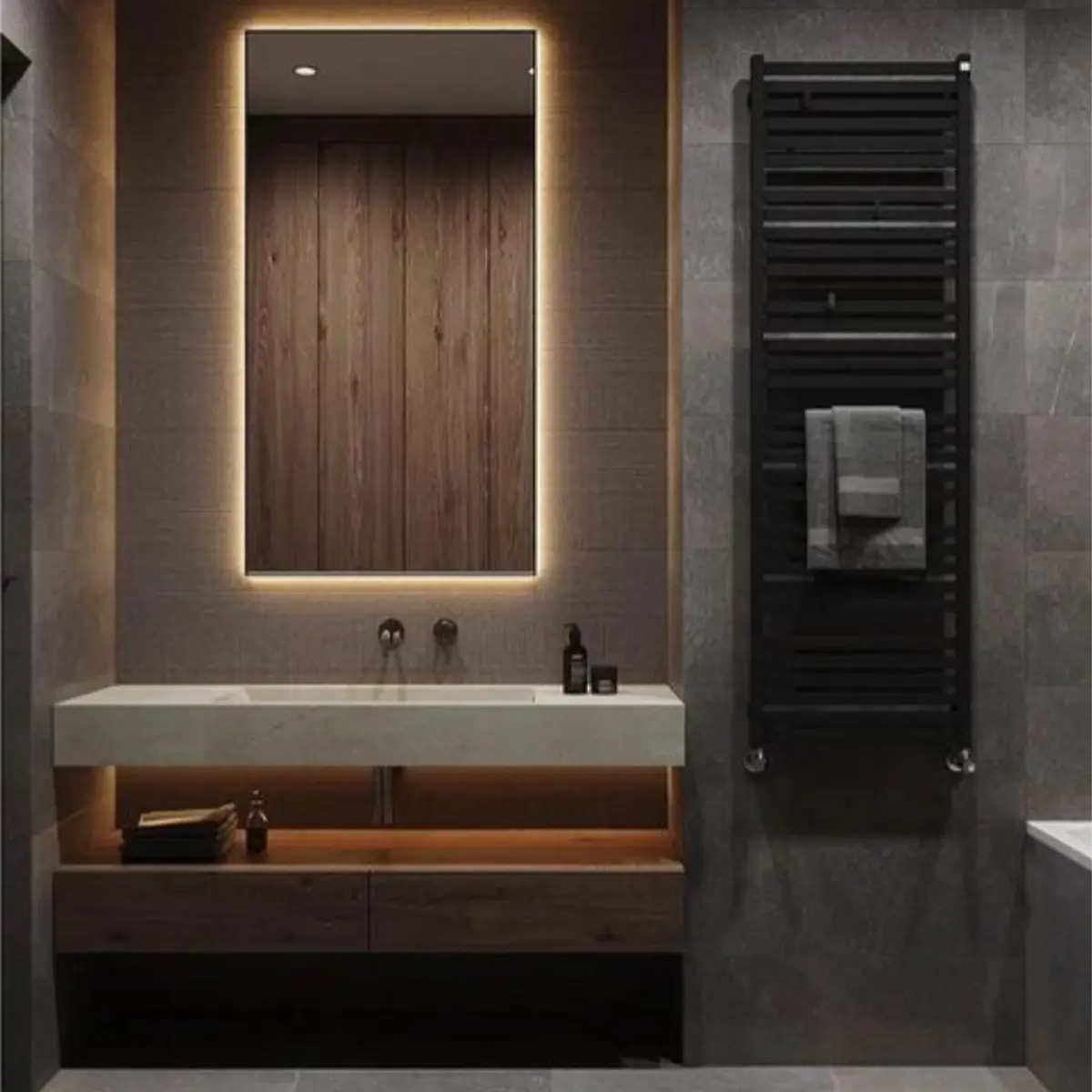grey modern minimalist bathroom with vanity — real Indian home