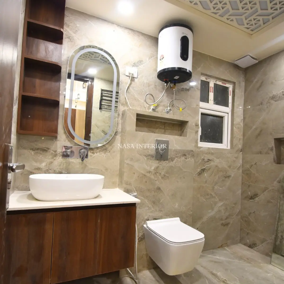earthy modern indian bathroom with vanity — real Indian home
