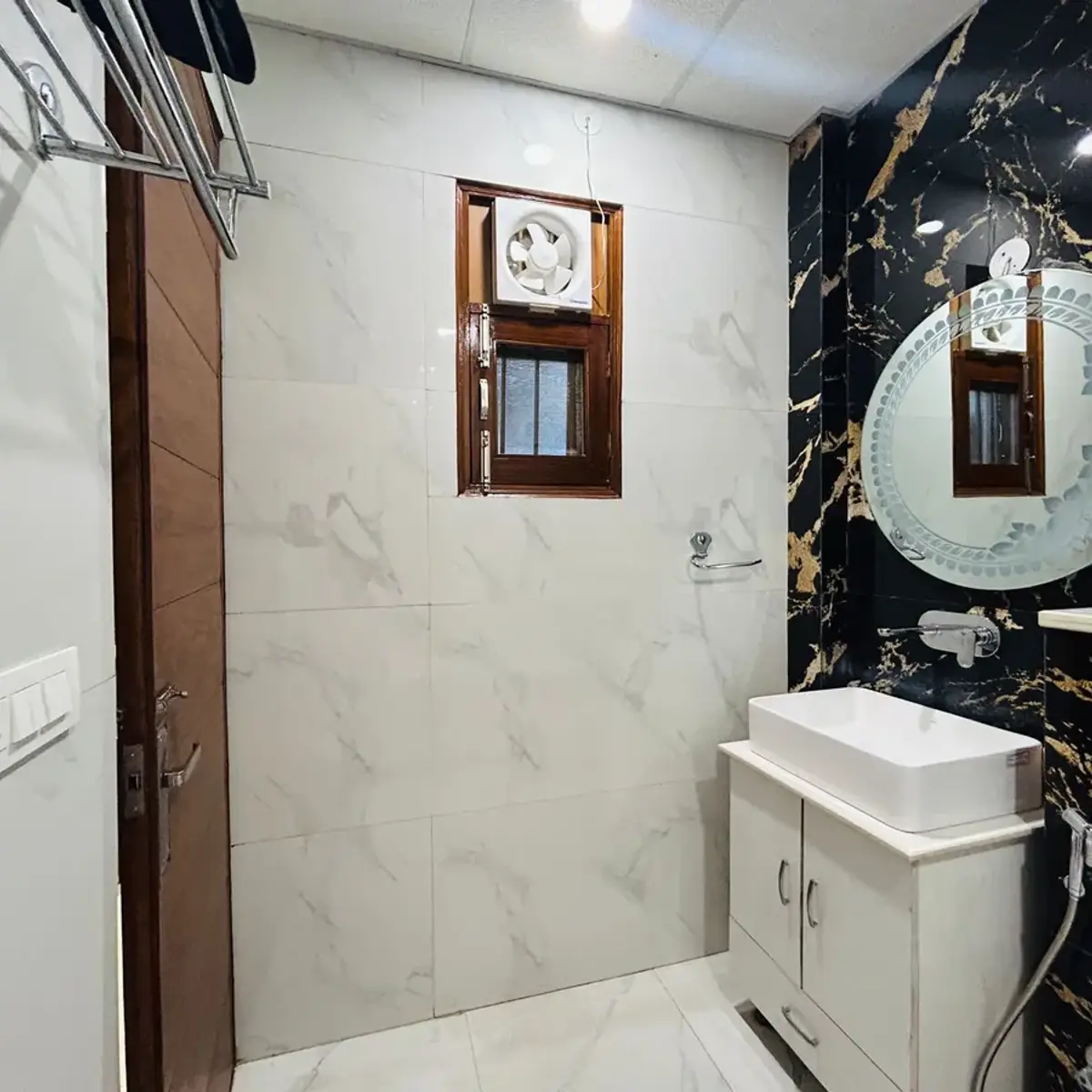 jewel tone luxury bathroom with vanity — real Indian home