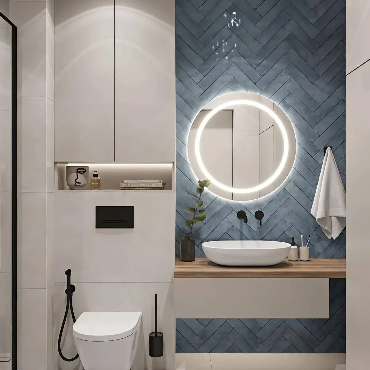 grey modern minimalist bathroom with vanity — real Indian home