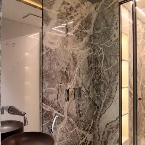 earthy luxury bathroom with vanity — real Indian home
