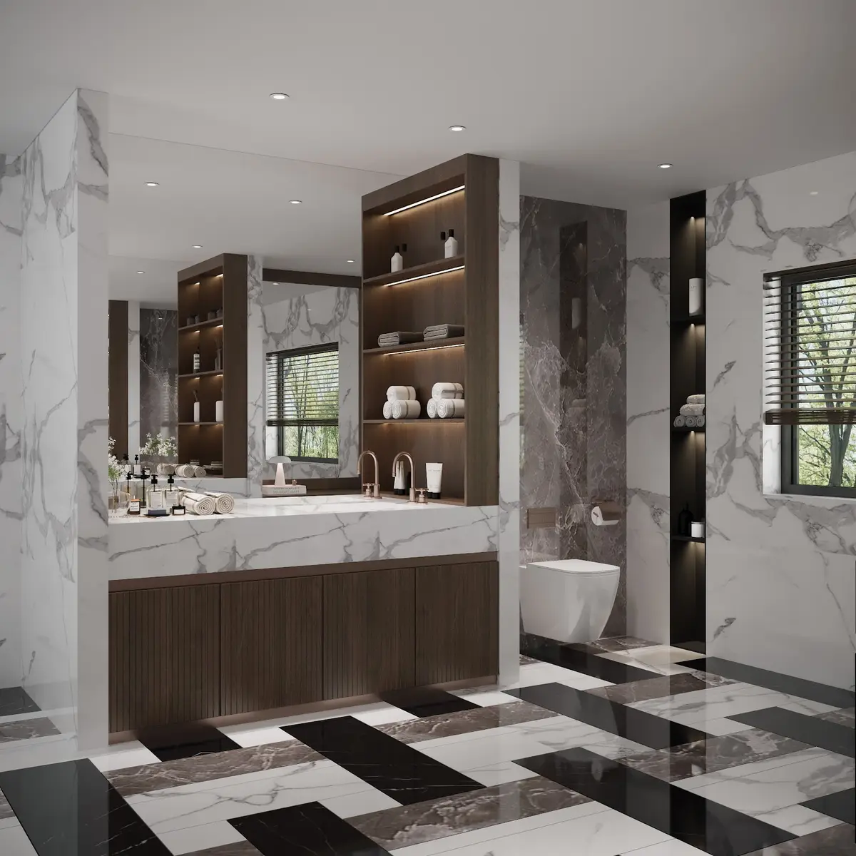 black and white luxury bathroom with vanity — real Indian home