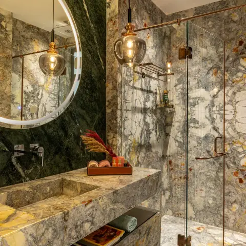 jewel tone luxury bathroom with vanity — real Indian home
