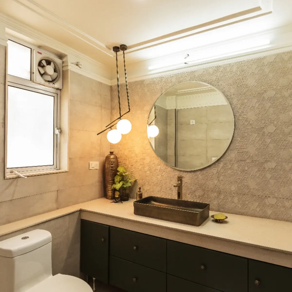 earthy modern minimalist bathroom with vanity — real Indian home