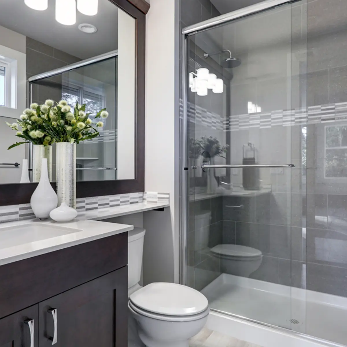 grey modern minimalist bathroom with vanity — real Indian home