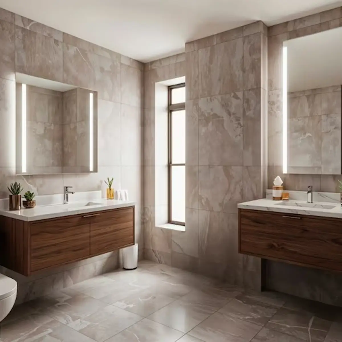 beige modern minimalist bathroom with vanity — real Indian home