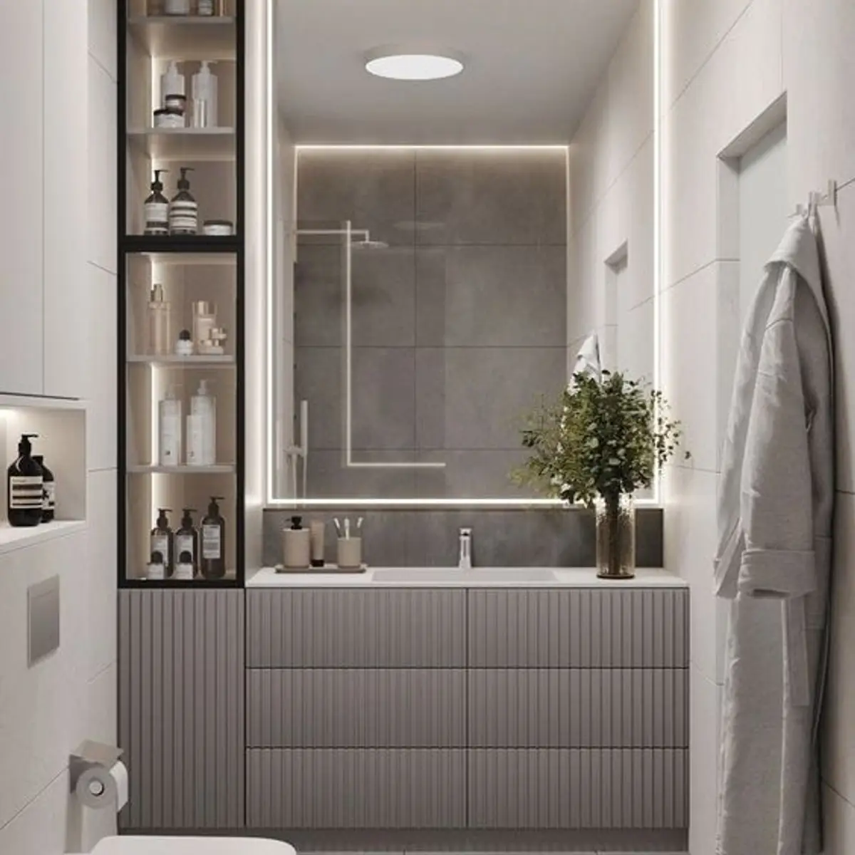 grey modern minimalist bathroom with vanity — real Indian home