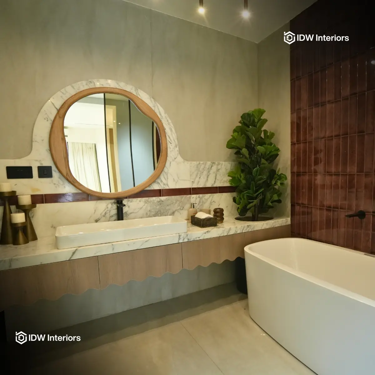 earthy boho bathroom with vanity — real Indian home