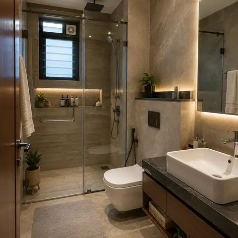 beige modern minimalist bathroom with vanity — real Indian home