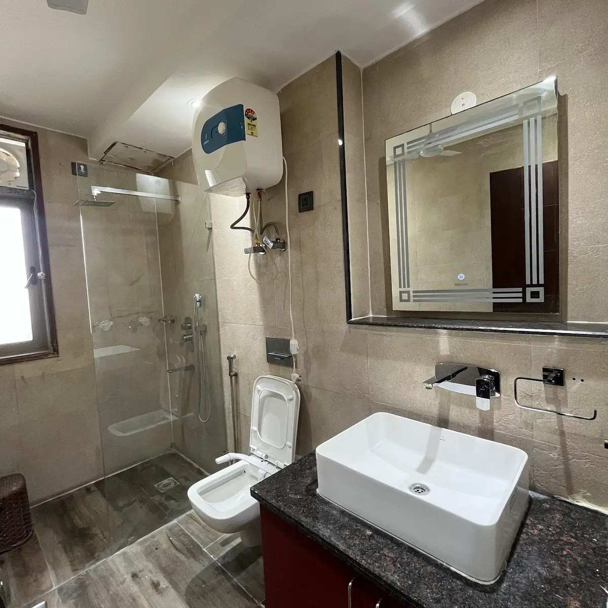 beige modern indian bathroom with shower — real Indian home