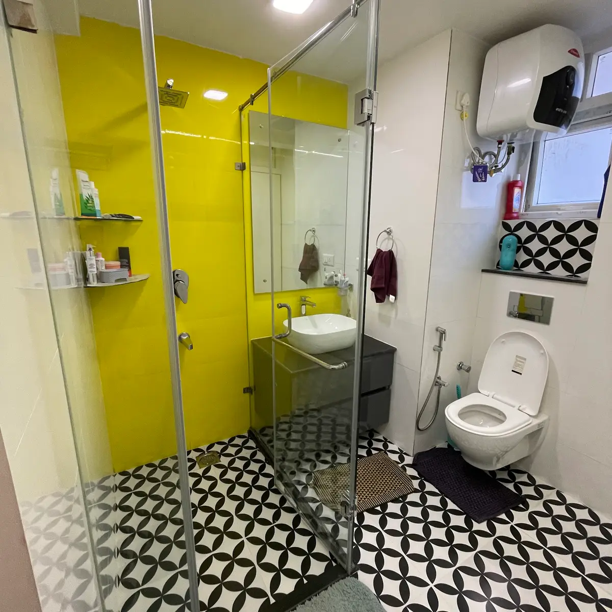 bold colour bathroom with tiles — real Indian home
