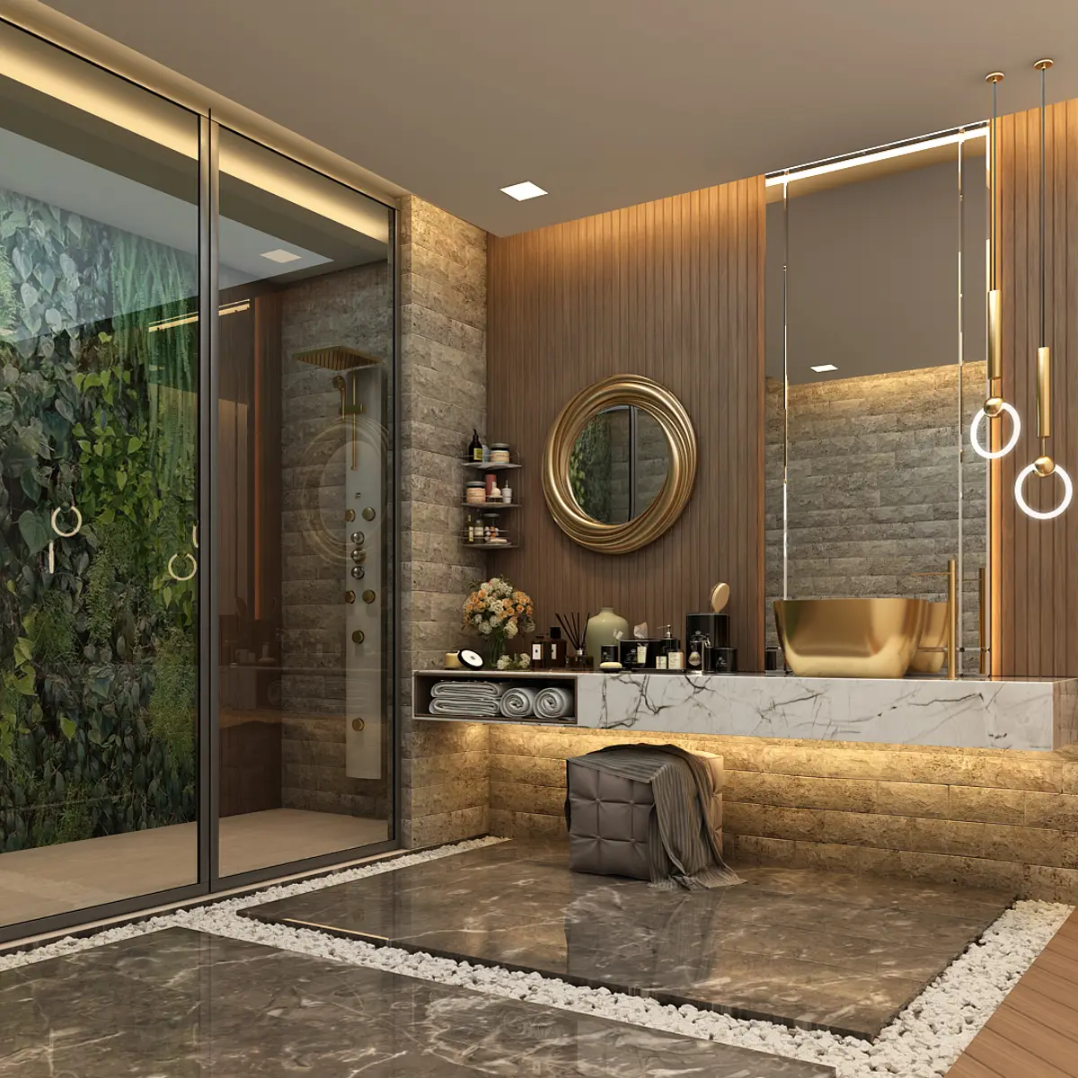 earthy luxury bathroom with vanity — real Indian home