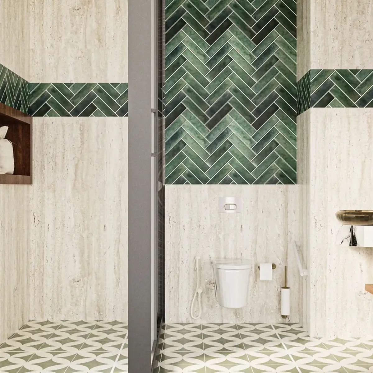 earthy modern minimalist bathroom with tiles — real Indian home