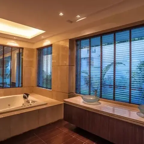 beige modern indian bathroom with vanity — real Indian home