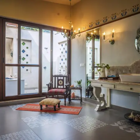 beige traditional bathroom with vanity — real Indian home