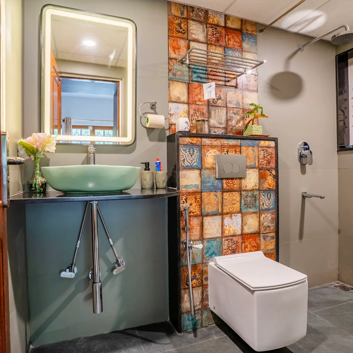 bold colour boho bathroom with vanity — real Indian home