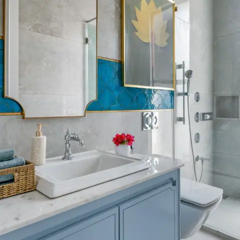 grey traditional bathroom with vanity — real Indian home