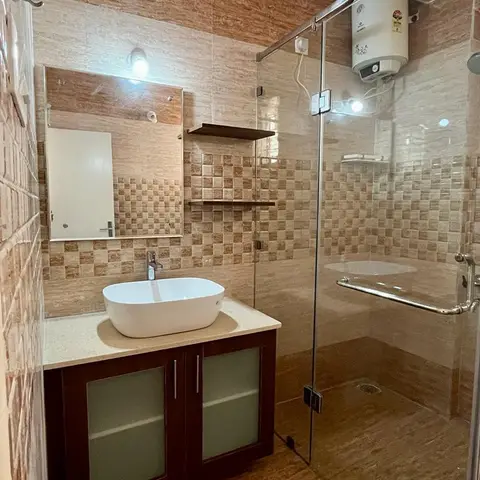 earthy bathroom with vanity — real Indian home