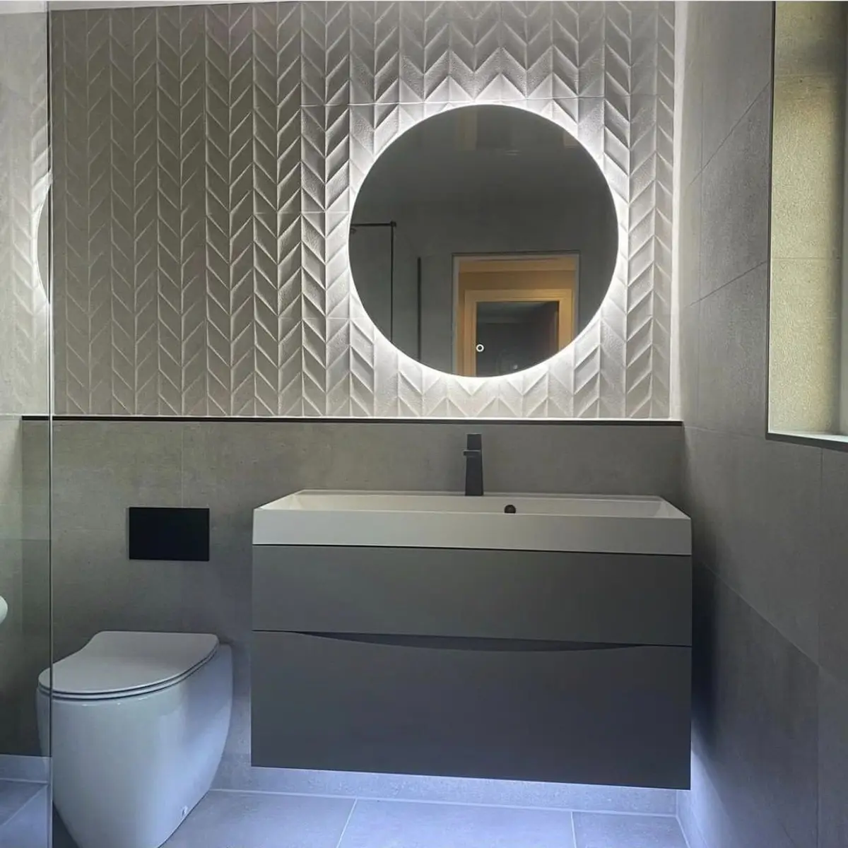 black and white modern minimalist bathroom with vanity — real Indian home