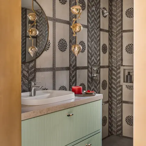earthy boho bathroom with vanity — real Indian home