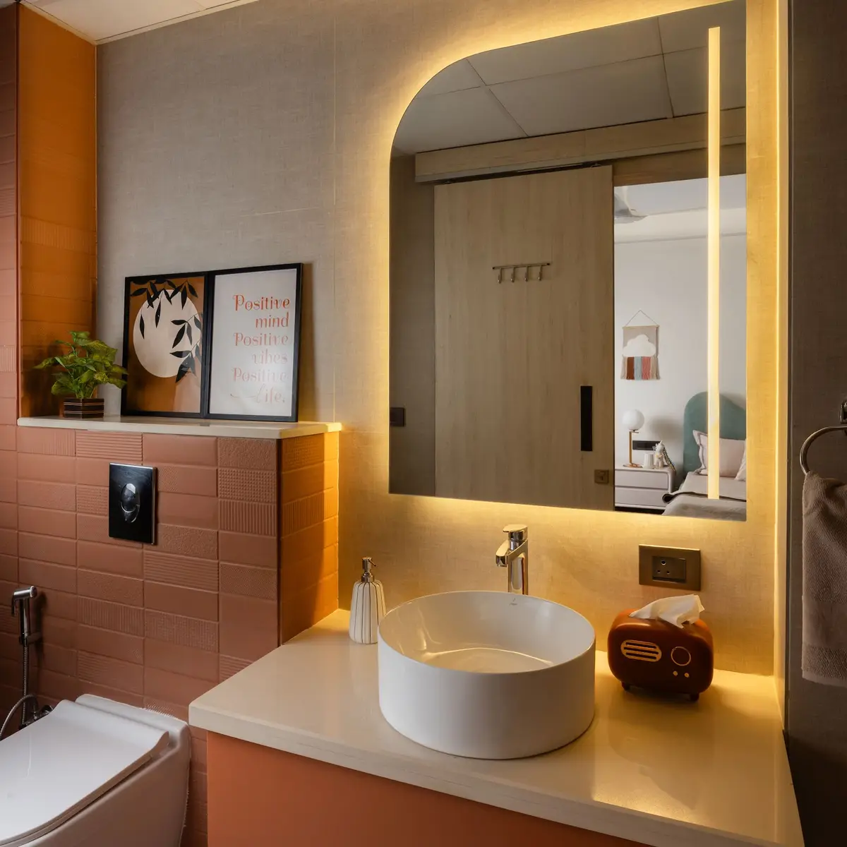 bold colour boho bathroom with vanity — real Indian home