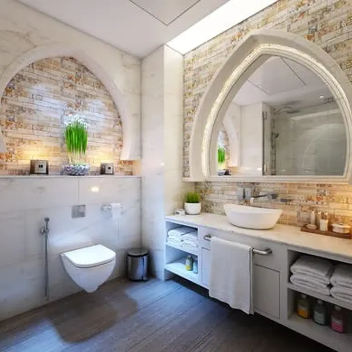 beige traditional bathroom with cladding — real Indian home