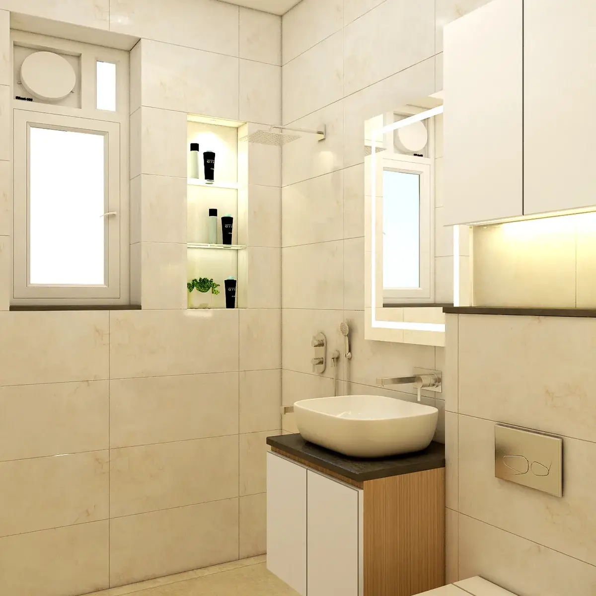 beige modern minimalist bathroom with vanity — real Indian home