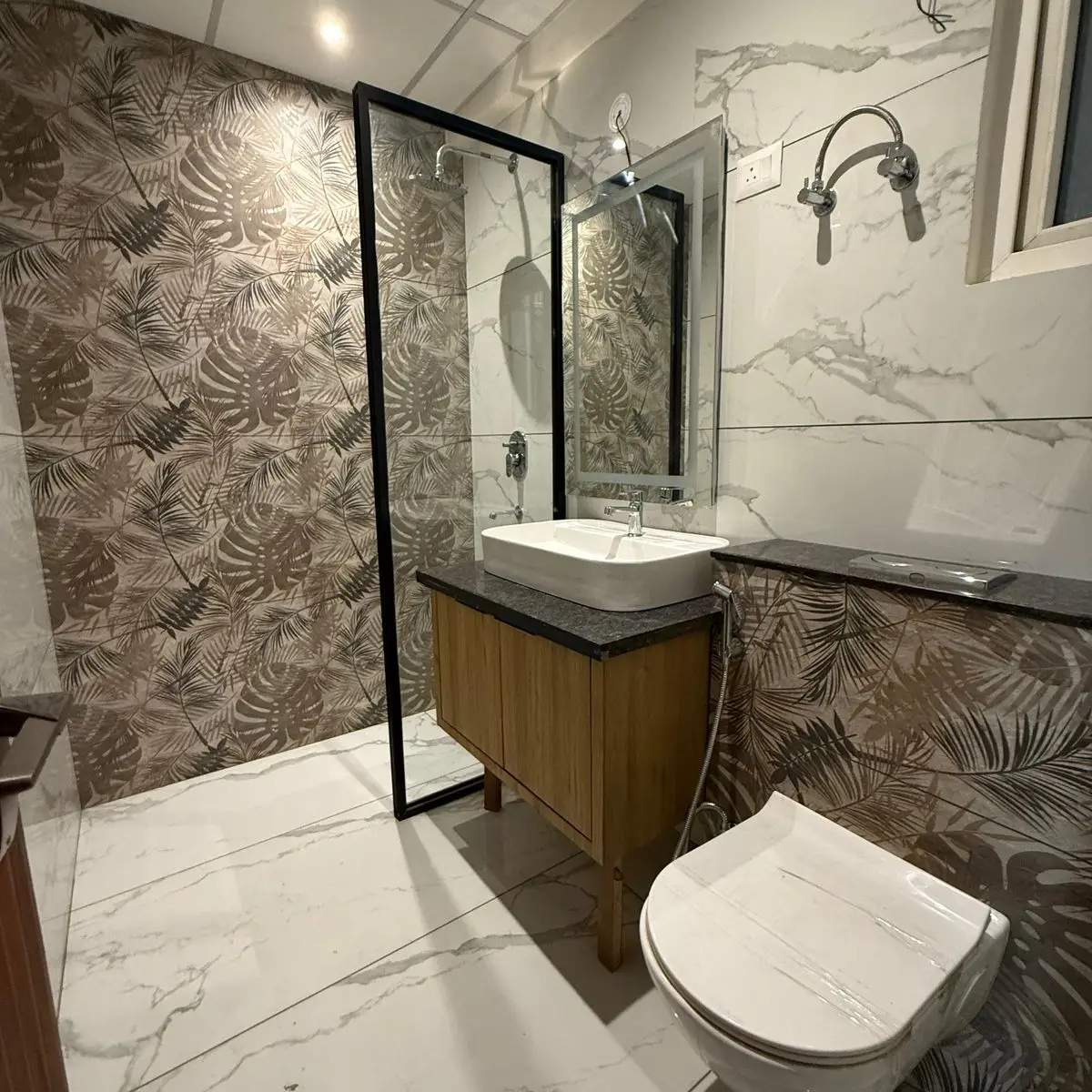 earthy modern indian bathroom with vanity — real Indian home