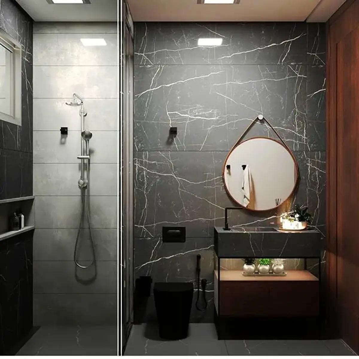 black and white modern minimalist bathroom with tiles — real Indian home