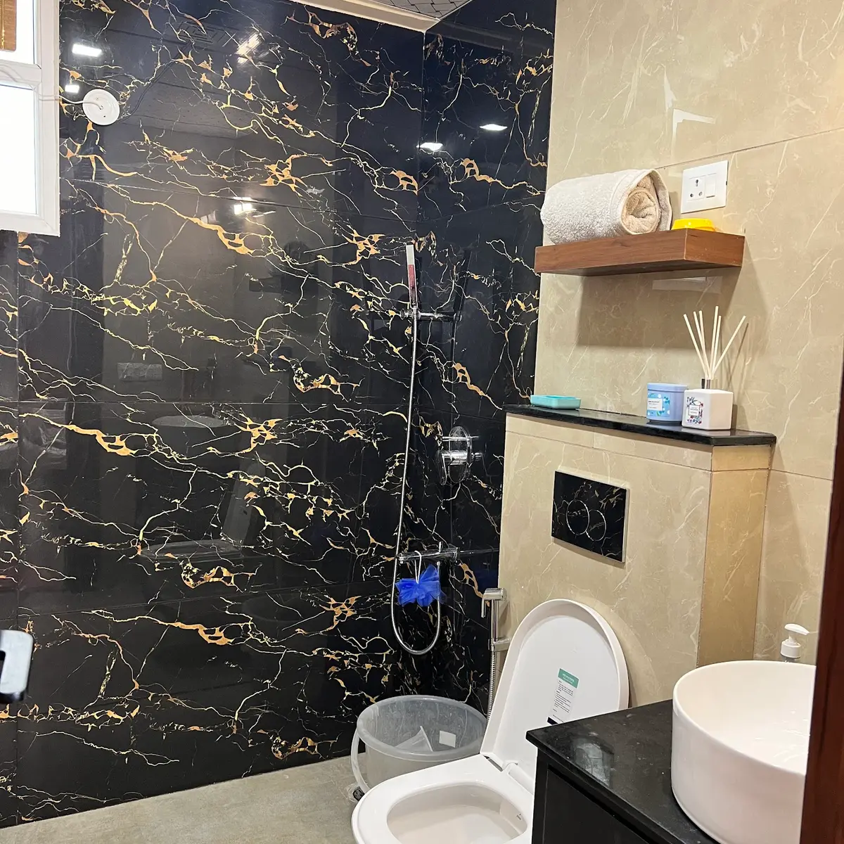 bold colour luxury bathroom with tiles — real Indian home